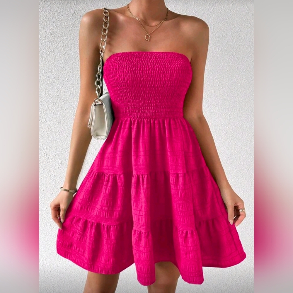 New Flirty Strapless Tube Top Mini Dress Hot Pink